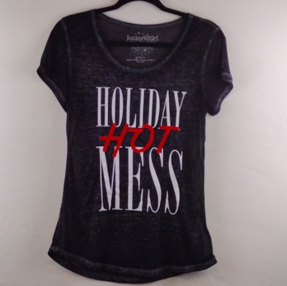 Rocker Girl Black "Holiday 💋 Hot Mess" Acid-Wash Short Sleeve Tee - Picture 10 of 10